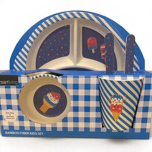 NIB Smart Living 5 Pc Bamboo Fiber Kids Eating Set Plate Bowl Cup Fork Spoon